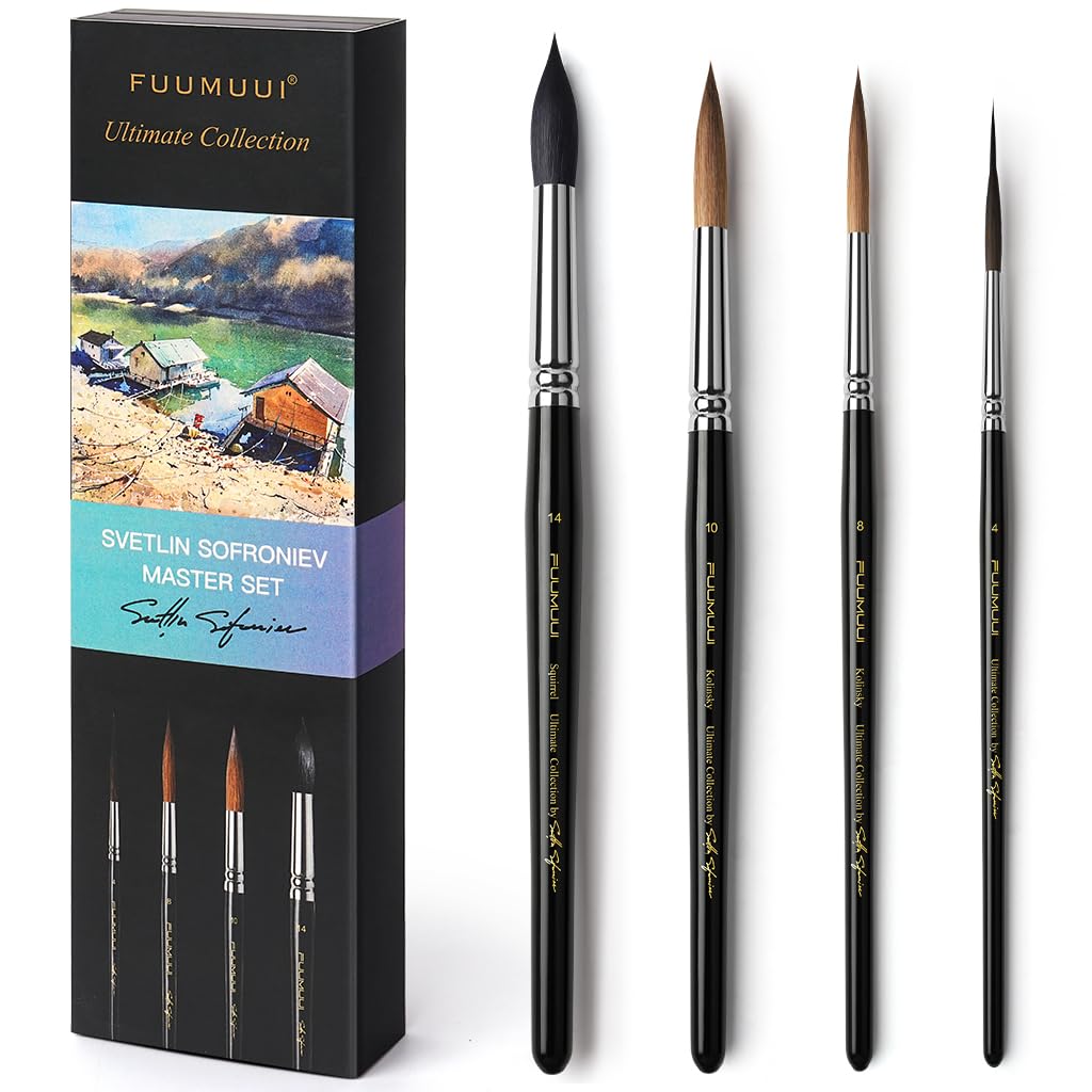 Watercolor Brushes Professional, Fuumuui 2pcs Kolinsky Sable Brushes, 1pc Pure Squirrel Mop Wash Round Brush & 1pcs Extended Needle Point Brush Perfect for Watercolor Acrylic Gouache Inks
