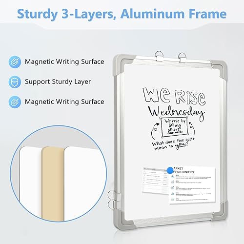 Miniatura 9 de Pizarra blanca magnética, pizarra de borrado en seco de doble cara de 24 x 18 pulgadas, marco de aluminio negro para pared, pizarra blanca colgante,