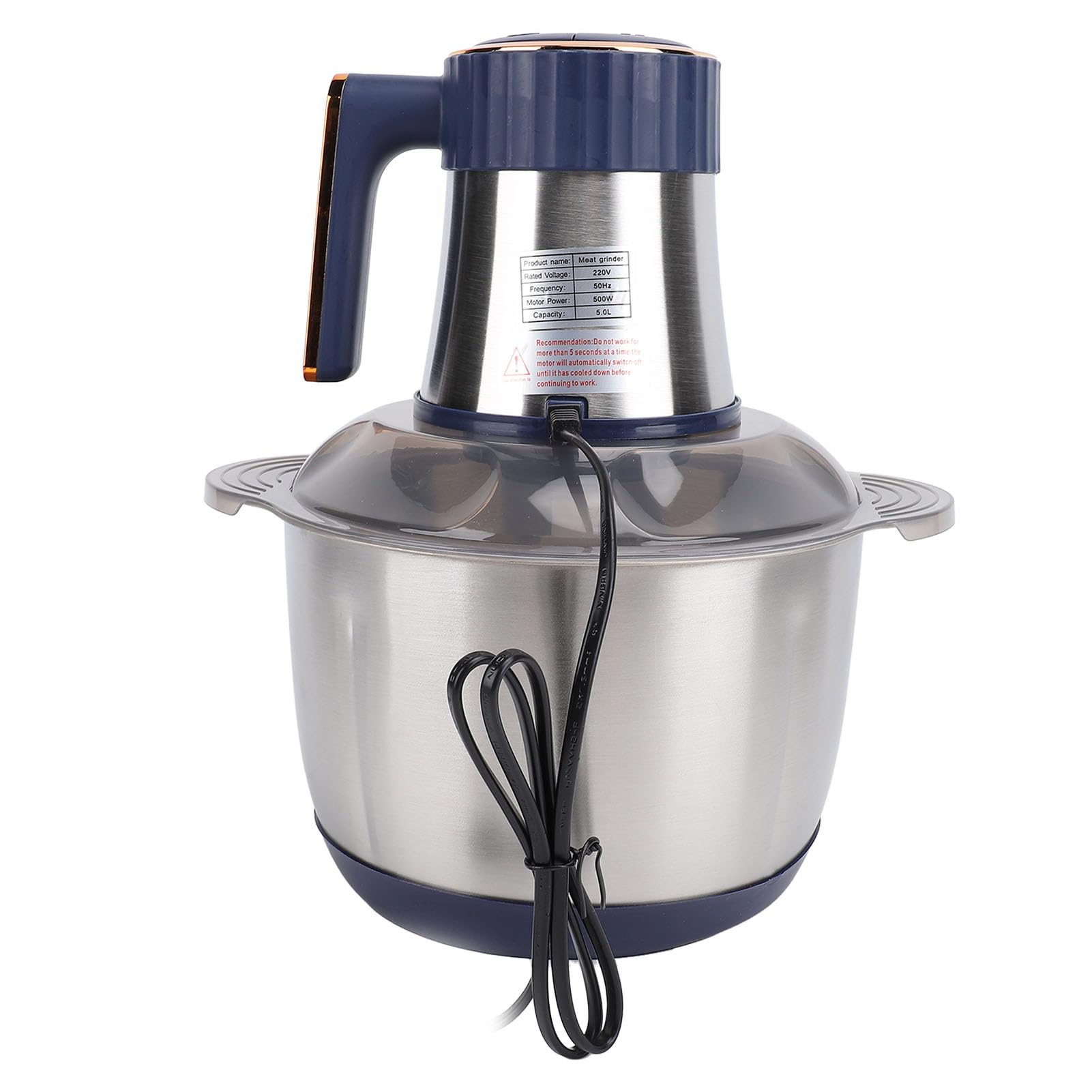 Picadora de Carne Eléctrica de 500 W con Recipiente de Acero Inoxidable de 5 L, Motor de Cobre para Cocina, Carne, Verduras, Cebolla, Ajo, Ensalada, Frutas, Nueces, Ligero y