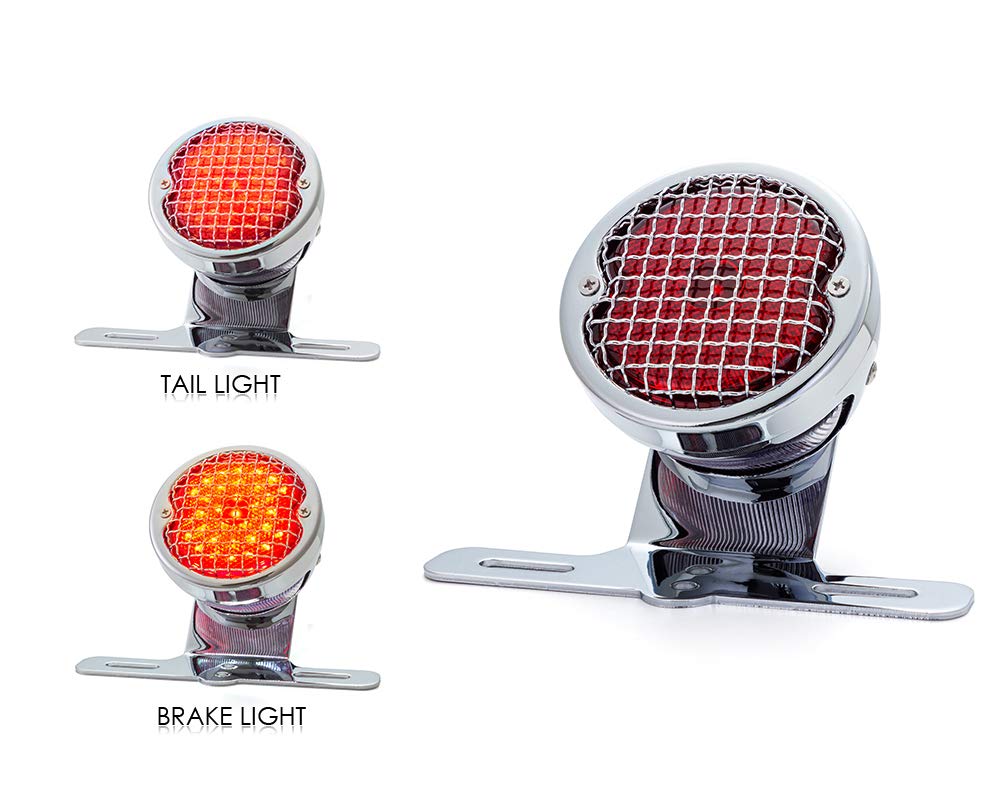 Fanale posteriore a LED per moto, stile vintage, con griglia in rete retrò e supporto per targa, ideale per Cafe Racer, Chopper e moto personalizzate, LED da 12 V (cromato)