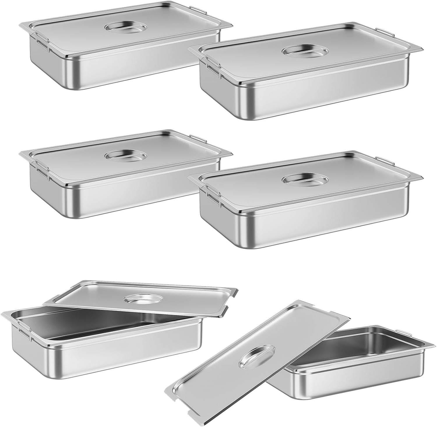 6 Pack Stainless Steel Hotel Pans Full Size, 4'' Deep Commercial Steam Table Pans with Lids & Handles, Anti-Jamming & Stackable Food Container for Buffets Restaurants Parties