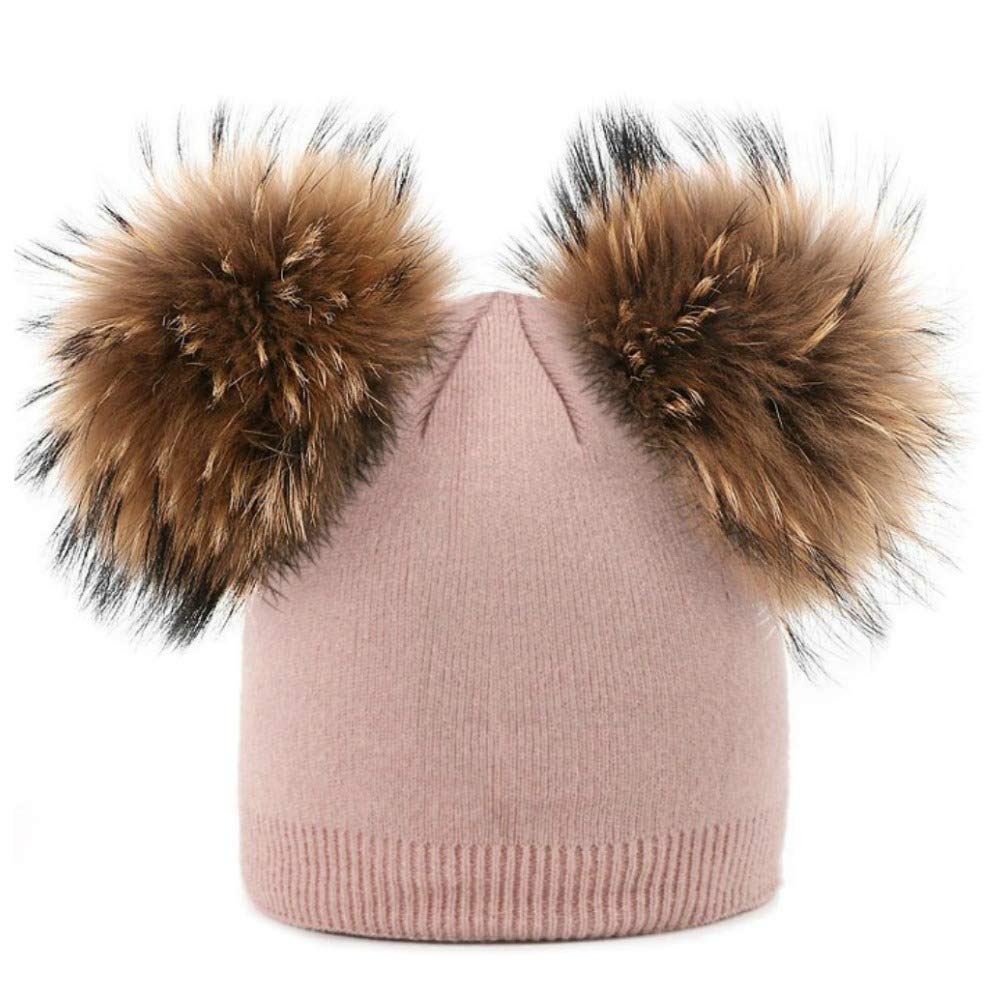 Gorro con doble pompón de auténtica piel natural para niños de 1 a 5 años, Rosa,