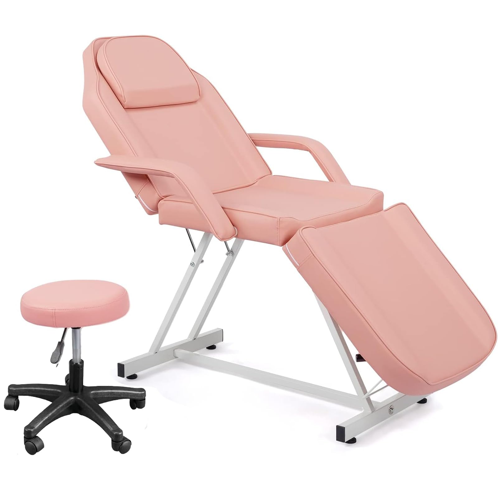 LEADZM Table de Massage Pliante Professionnelle avec Tabouret à roulettes Legere Aluminium Housse Table Massage Lit Cosmétique Massage 3 Sections Portable Ergonomique (Rose)