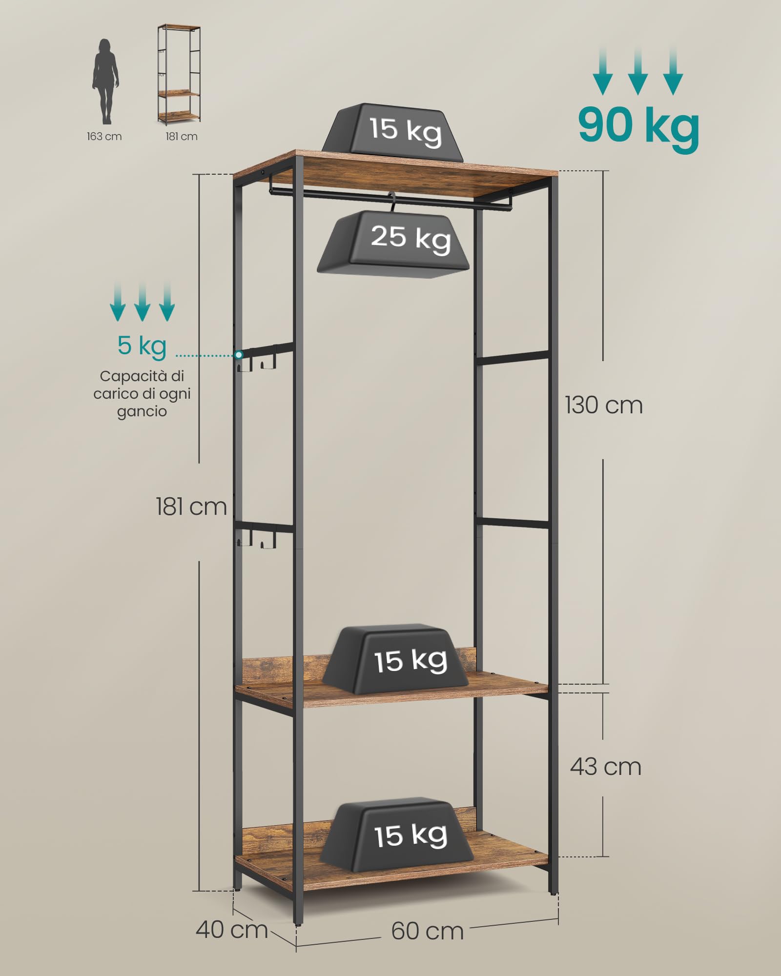 SONGMICS Kleiderschrank offen, Kleiderständer, Garderobenständer, Garderobe mit Kleiderstange, Ablagen, abnehmbare Haken, 40 x 60 x 181 cm, vintagebraun RGR006B01