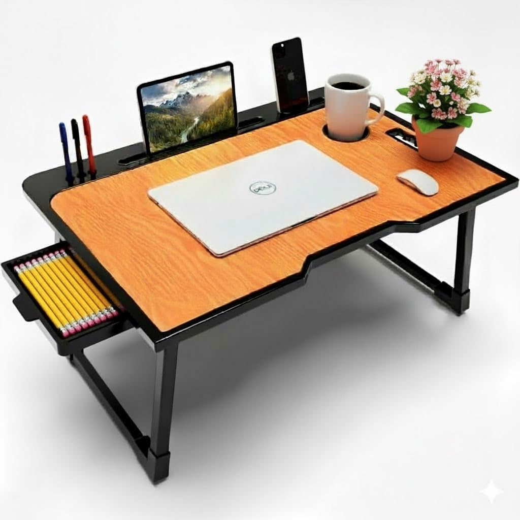 Derbus Wood Multipurpose Foldable Laptop Table with Cup Holder | Table Home Study Writing Table, Foldable and Portable/Ergonomic Edges Kids & Adults (COTTED-Wood)