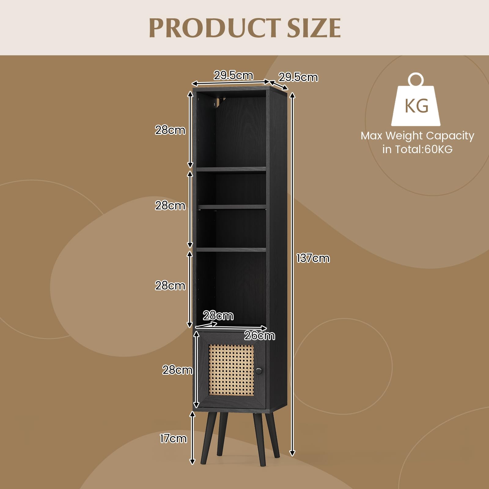GIANTEX Armoire Autoportante avec Porte en Rotin, Meuble Colonne de Rangement avec Étagère Réglable, Bibliothèque sur Pied avec Dispositif Anti-basculement, pour Salon, Salle d’Étude (Noir)