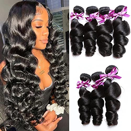 Perstar Human Hair Bundles Loose Wave Bundles Brazilian Virgin Hair Loose Wave 3 Bundles Virgin Remy Human Hair Extensions Unprocessed Virgin Natural Wave Human Hair Bundles(10 12 14)