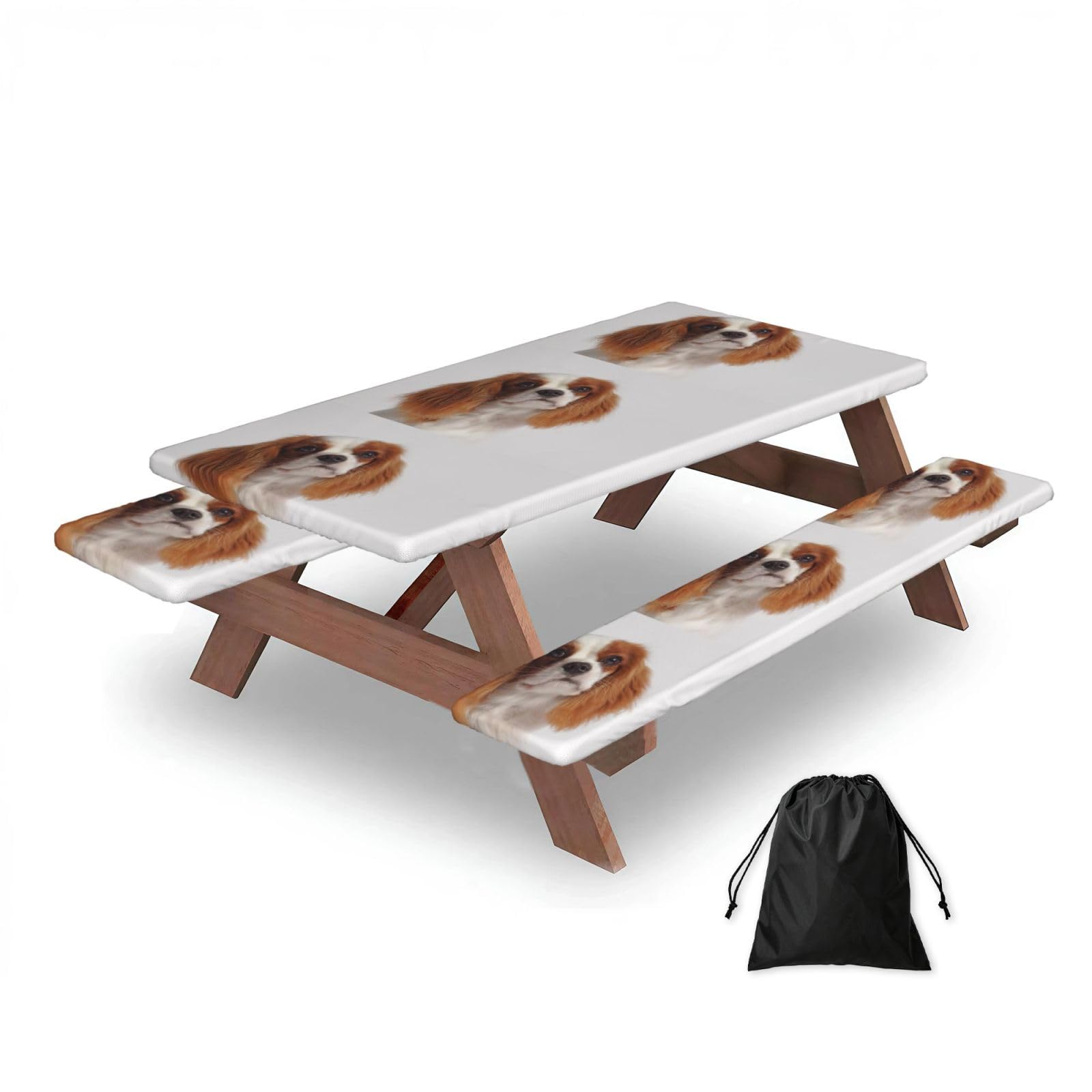 Dopklna As Picture Cavalier King Charles Spaniel, Picnic Table Cover With Bench Covers -Waterproof Elastic Fitted Tablecloth For Garden Camping Patio 76X152cm