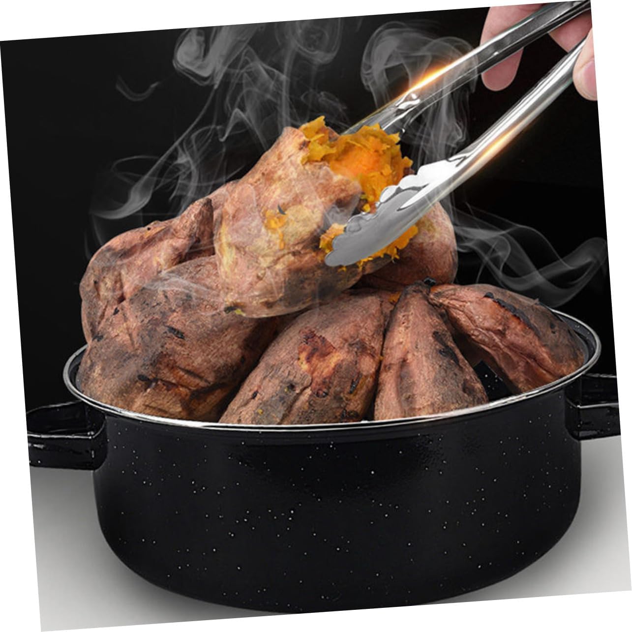 1Set Covered Round Roaster Pan Enamel Baking Pot for Sweet Potatoes Corn More Non Stick Double Ears for Easy Handling for Roasting Barbecue Grilling