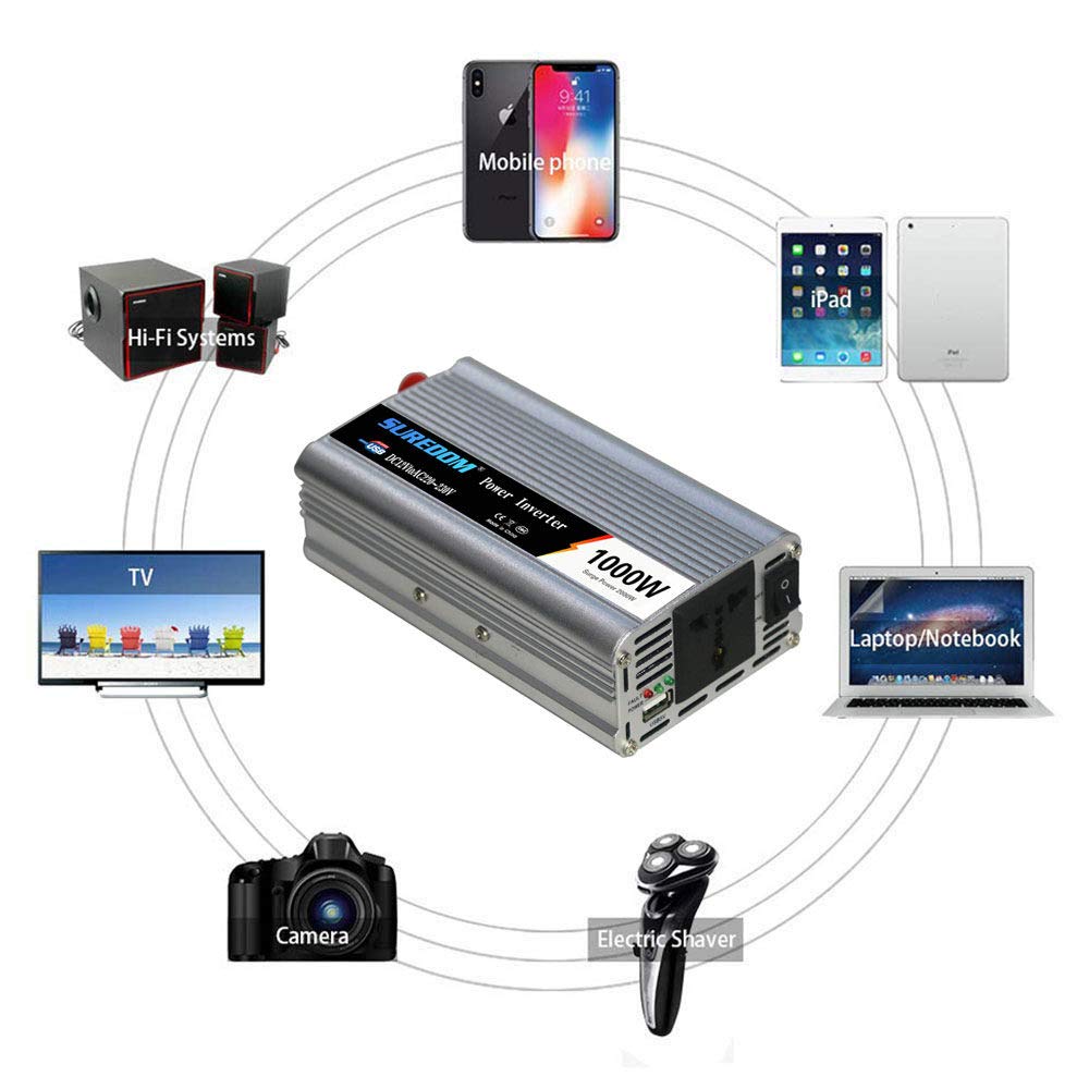 Onduleur De Voiture 1000W, Onduleur Solaire, Convertisseur De Pur Sinus Tension CC 12V / 24V à CA 110V / 220V avec Port USB pour Connexion Directe à La Batterie De Voiture,12V-220V