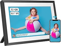 Moldura digital WiFi de 32 GB de 10,1 polegadas com tela sensível ao toque IPS HD de 1280 x 800, envia fotos ou vídeos por aplicativo ou e-mail, suporta armazenamento USB / cartão SD estendido