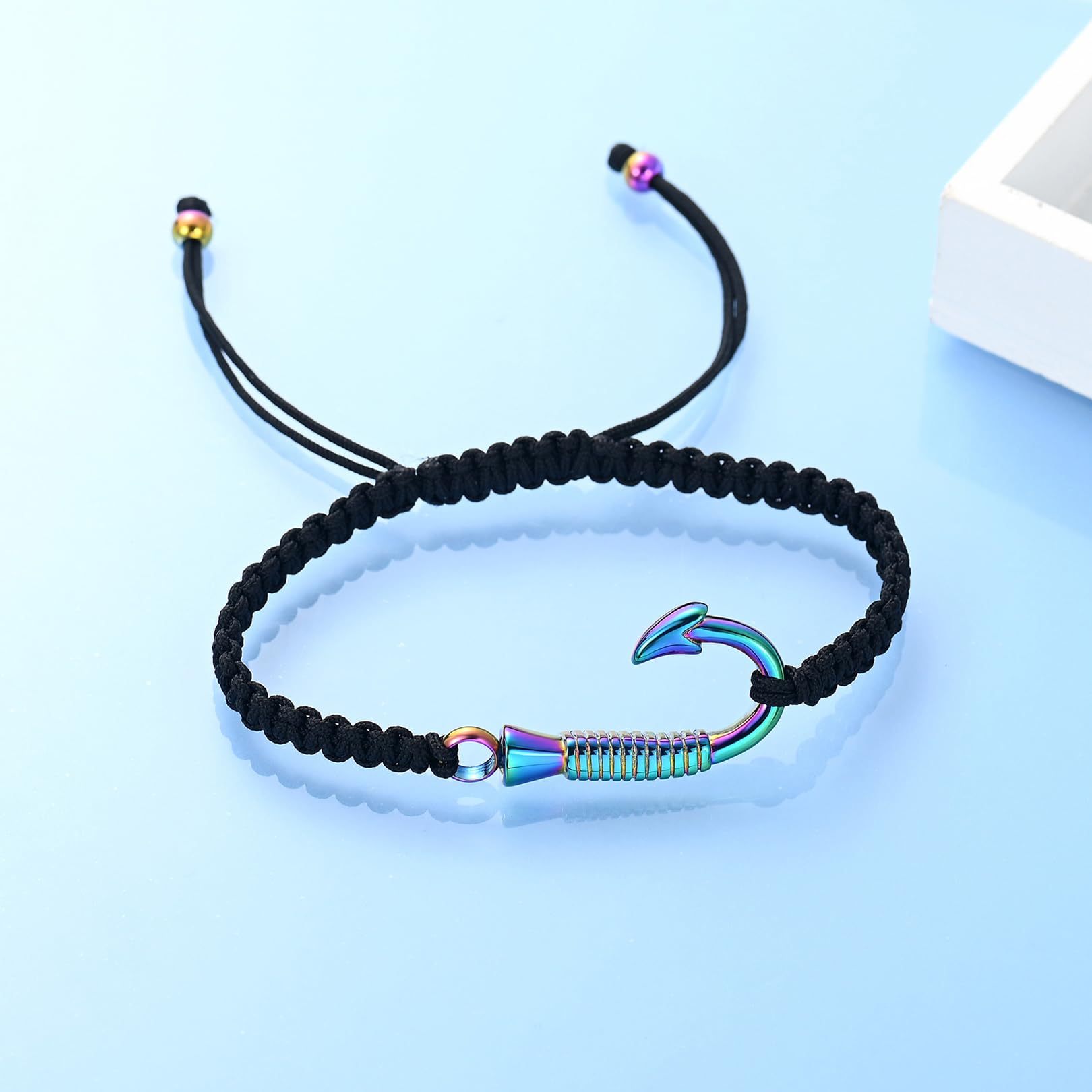 Hearbeingt Cremation Jewelry Fish Hook Urn Bracelet for Ashes for Human Pet Braided Rope Adjustable Keepsake Bracelet Urn Bangle(Colorful)