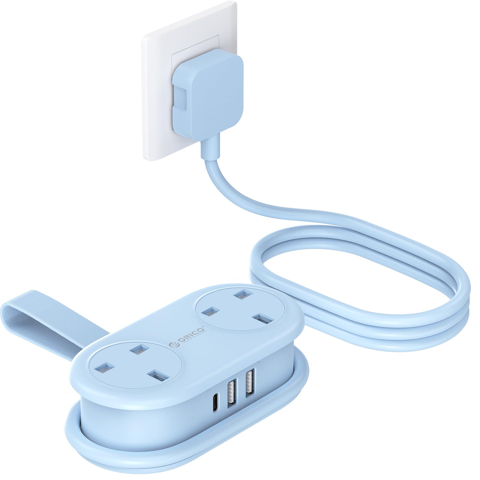 ORICO Travel Extension Lead with USB Slots, 2 Outlets 3 USB Ports (1 USB C), 3250W 13A Socket Extensions, Rollable Extension Cord for Travel/Home/Office, Essentials Cruise Approved Power Strip - Blue