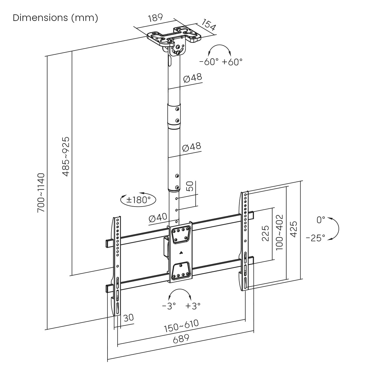 My Wall Supporto mobile per TV da soffitto – HD8L, supporto da soffitto per TV da 43"-86", girevole e inclinabile, asta telescopica, max. 60 kg, supporto da soffitto per TV per soffitti piatti e