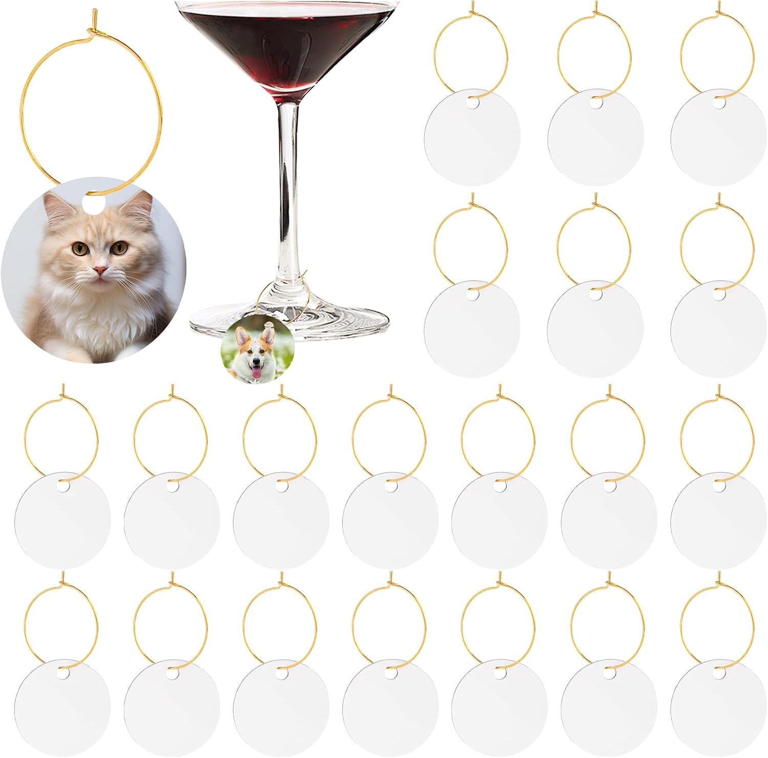 Framendino, 20 Pack Sublimation Blank Wine Glass Charms Round Name Tags for Party Wedding Decorations