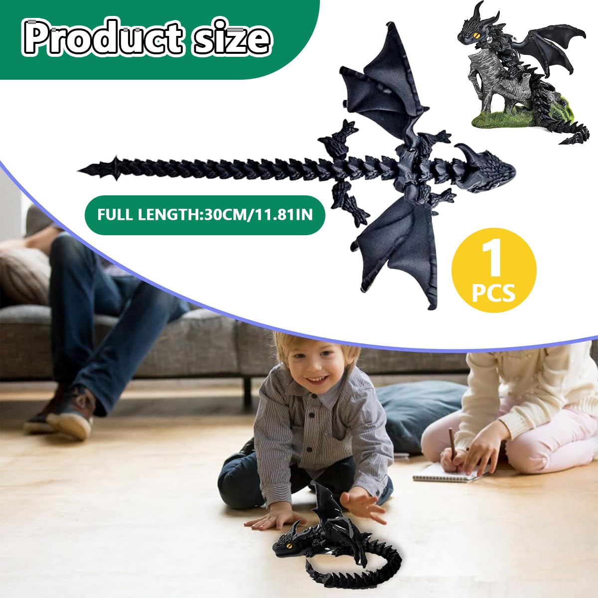 11.8 Inches 3D Printed Dragon Toys with Eyes & Wings, Flexible Articulated 3D Printed Animals Crystal Desktop Dragon Figures - Image 2