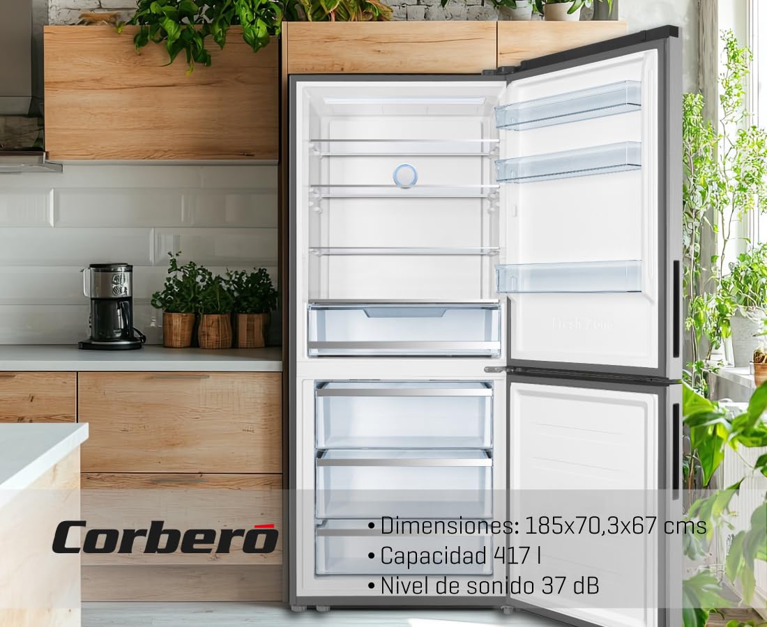Corberó - Frigorífico Combi | CCT1857024NFXINV | No Frost | Inverter | 417 L | 185x70cm | Display Puerta | Cajón Crisper | Purificador | Luz LED | Inox