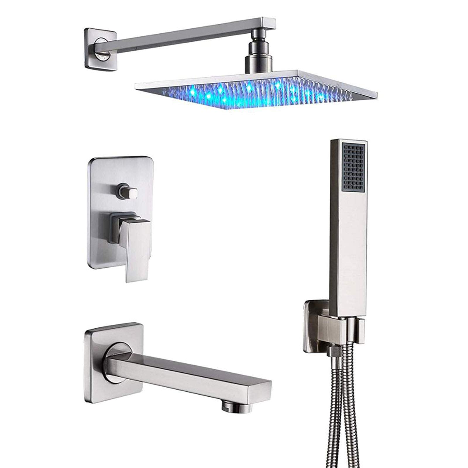 CWCQGH Shower System Brushed Nickel, LED Rainfall Shower Head, Bathroom Shower Faucet Set, 3-Ways Brass Control Valve, Bath Shower Mixer Tap,8inch,10inch