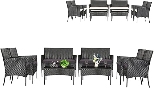 Tangkula - Juego de muebles de patio de 8 piezas, juego de conversación de mimbre para exterior con mesa de vidrio templado, juego de sofá de ratán
