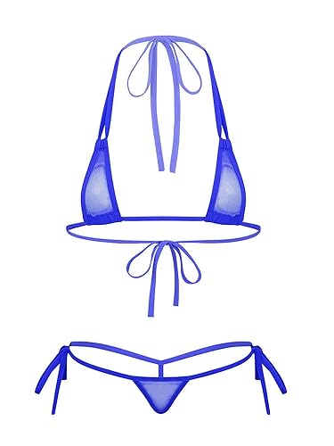 dPois Womens Extreme Sexy Hot Sheer Mesh Micro Bikinis Set Mini Thong Swimwear - Royal Blue