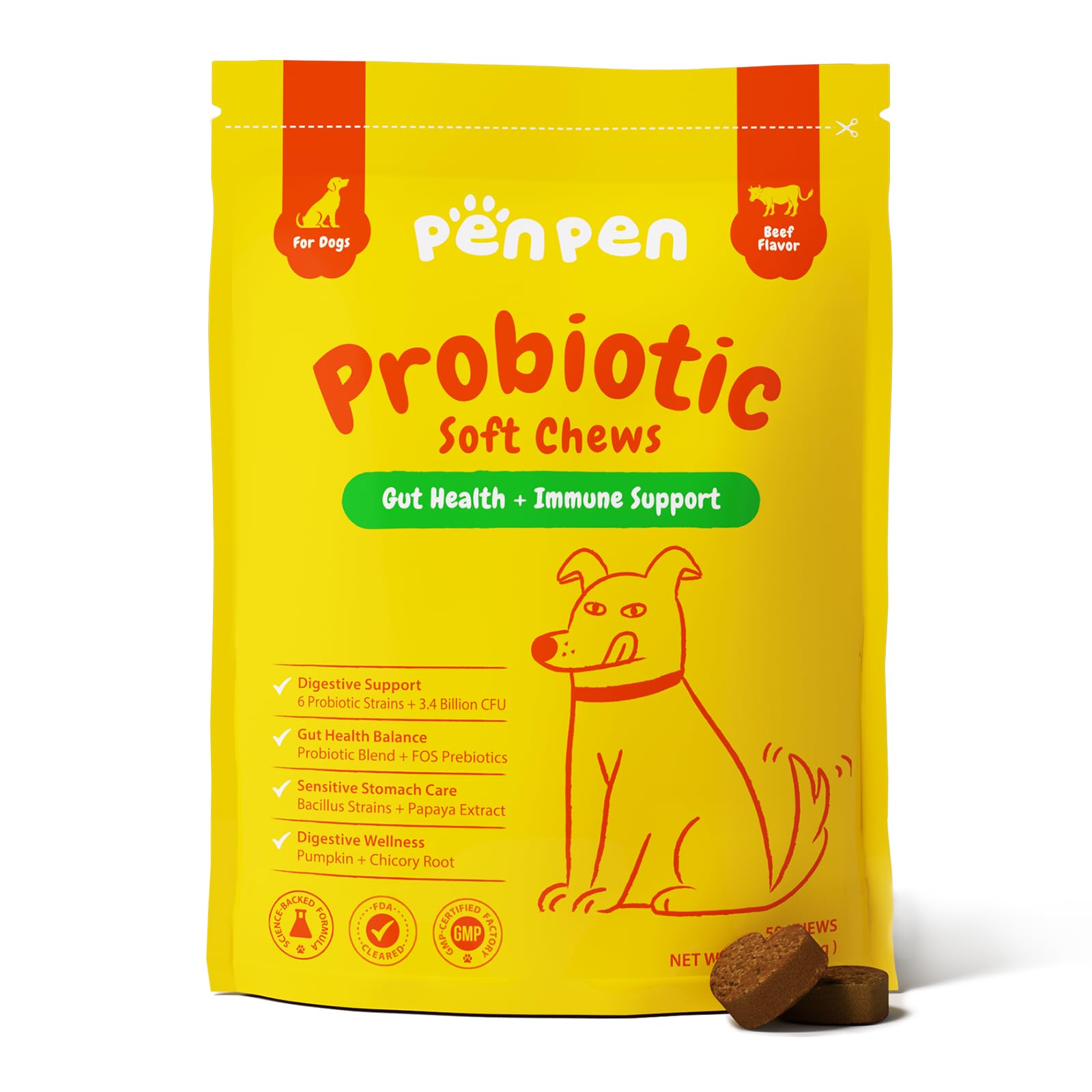 PENPEN Probiotics for Dogs, Dogs Probiotics for Digestive Health, Multi-Probiotic and Enzyme Blend Promote Gut Health & Immune Support, Eases Sensitive Stomachs (Beef Chews, 50ct)
