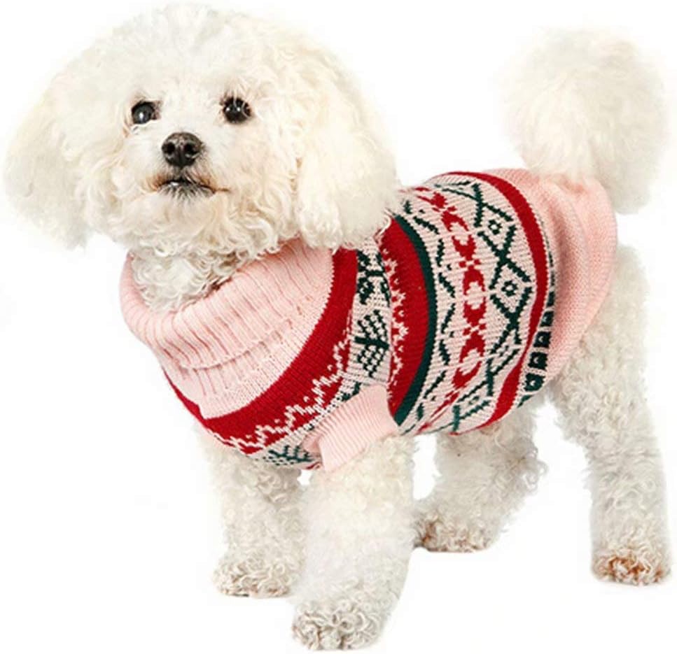 Didog Soft Warm Puppy Sweater,Christmas Snow Pattern Dog Turtleneck,Cute Dogs Winter Pullover Knitwear for Small Dogs & Cats,Pink
