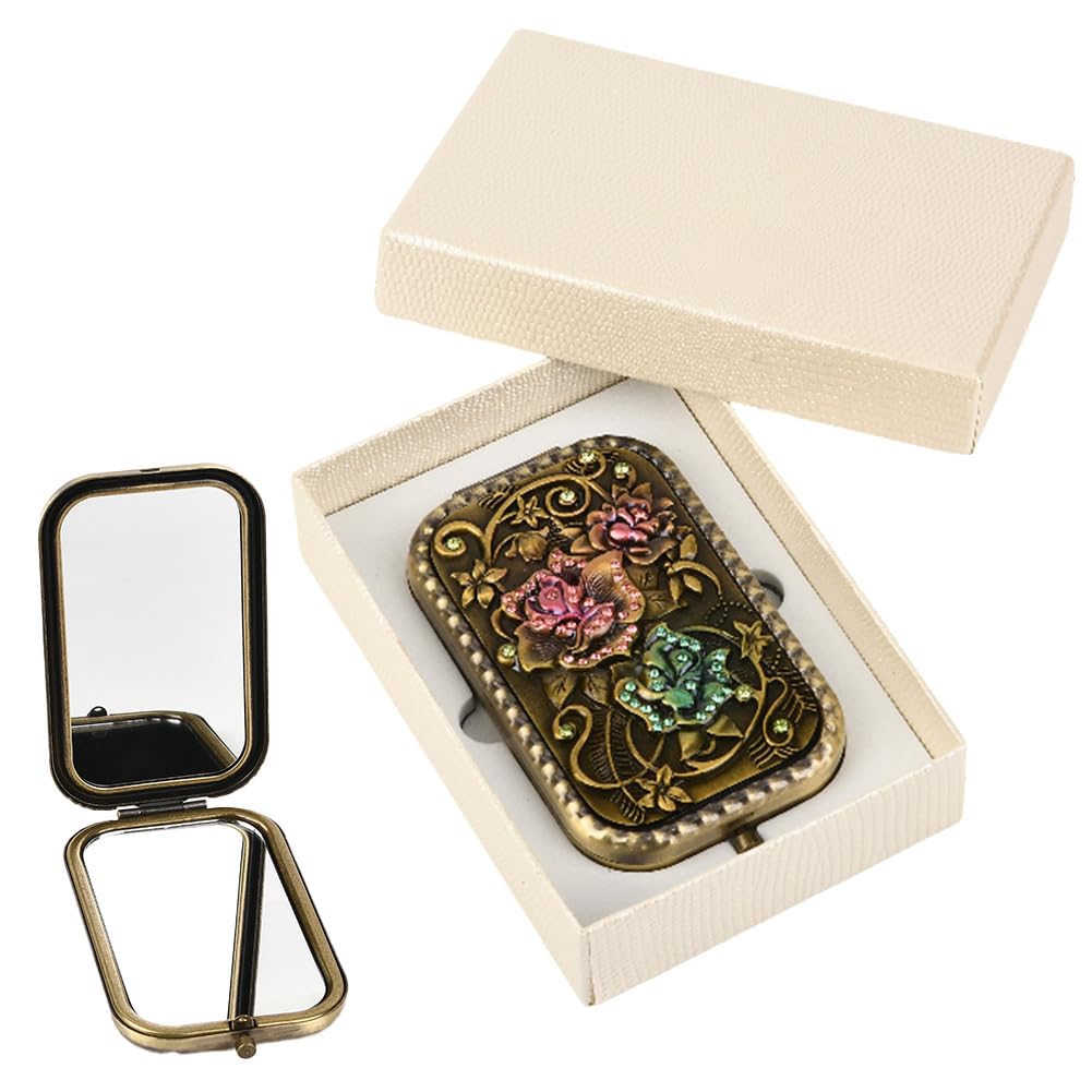 SOFPLATE 1Pcs Vintage Compact Mirror Portable Double Sided Mirror with Normal and Magnifying Glass Retro Style Makeup Tool Foldable Vanity Pocket Compact Flower Pattern Mini Vanity for Women Travel โ image 1