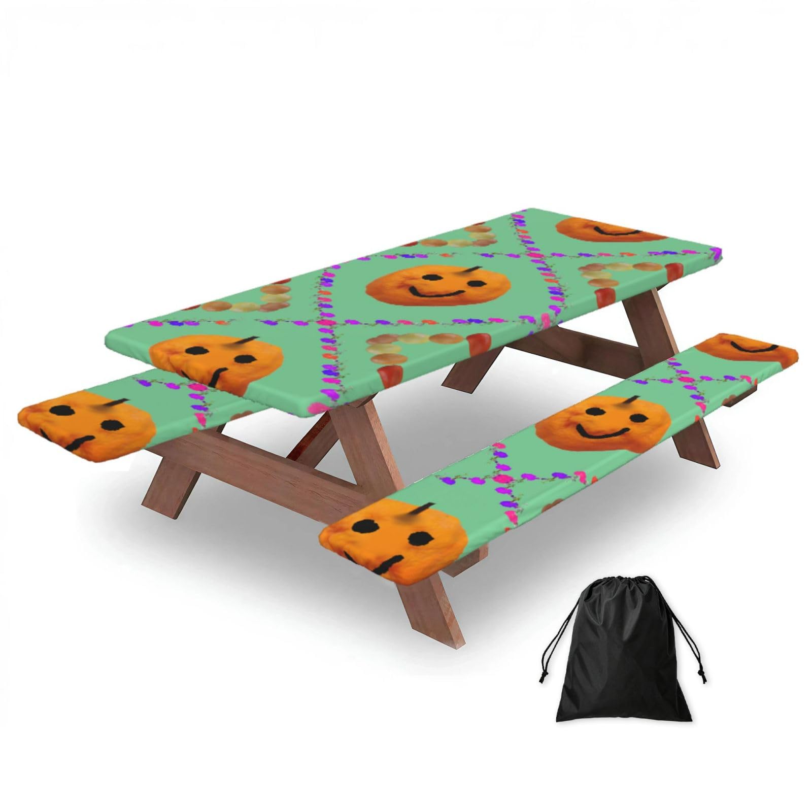Hhbiuuo Black 72In Camping Table Cover & Bench Covers 3-Pack Set, Smiley Citrus Print Tablecloths, For Rectangle Tables Picnic