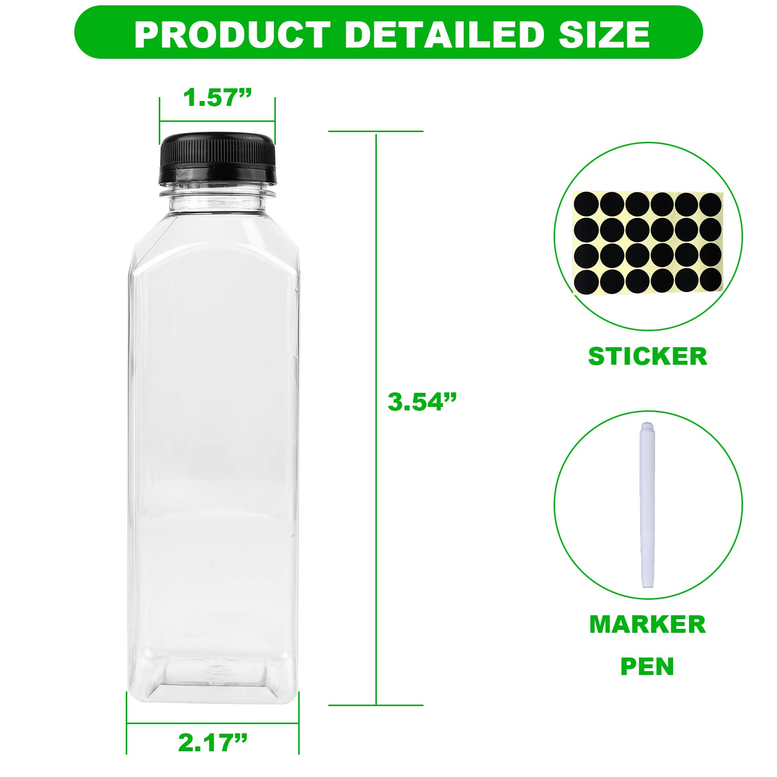 Happybase 16 oz Plastic Juice Bottles, 12 Pcs 500ml Juice Bottles with Caps, Reusable Drink Containers with Black Lid, Clear Juice Milk Smoothie Bottles Homemade Drinks (1 Pen, 24
