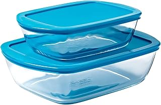 Pyrex Cook & Store Rectangular Glass Roaster with Lid Set Of 2 (2.5+1.1) Liter Clear glass (9137145) Food Storage Container set,glass baking dish with lid set