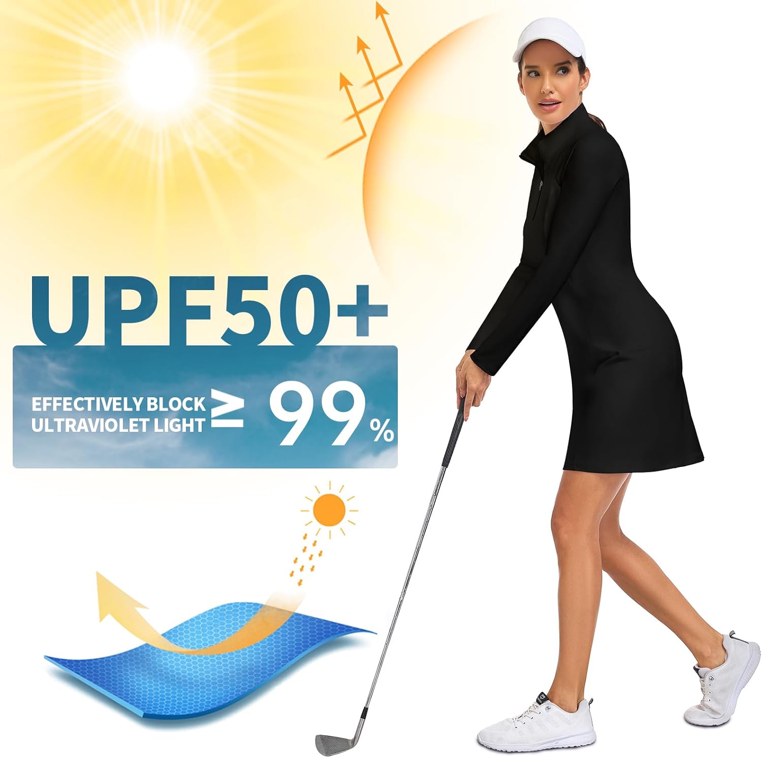 WOWENY Women's Tennis Dress Long Sleeve Golf Dresses with Shorts Zip Front Golf Outfits UPF 50+ Workout Athletic Dresses - Image 6