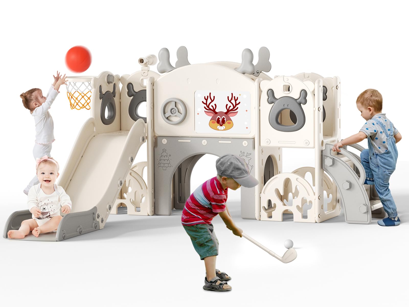 Krovtoy Scivolo per bambini 7 in 1, a tema alce natalizio con set da golf, scivolo per bambini da 1 a 3 anni (Alce- Beige grigio 7 in 1)