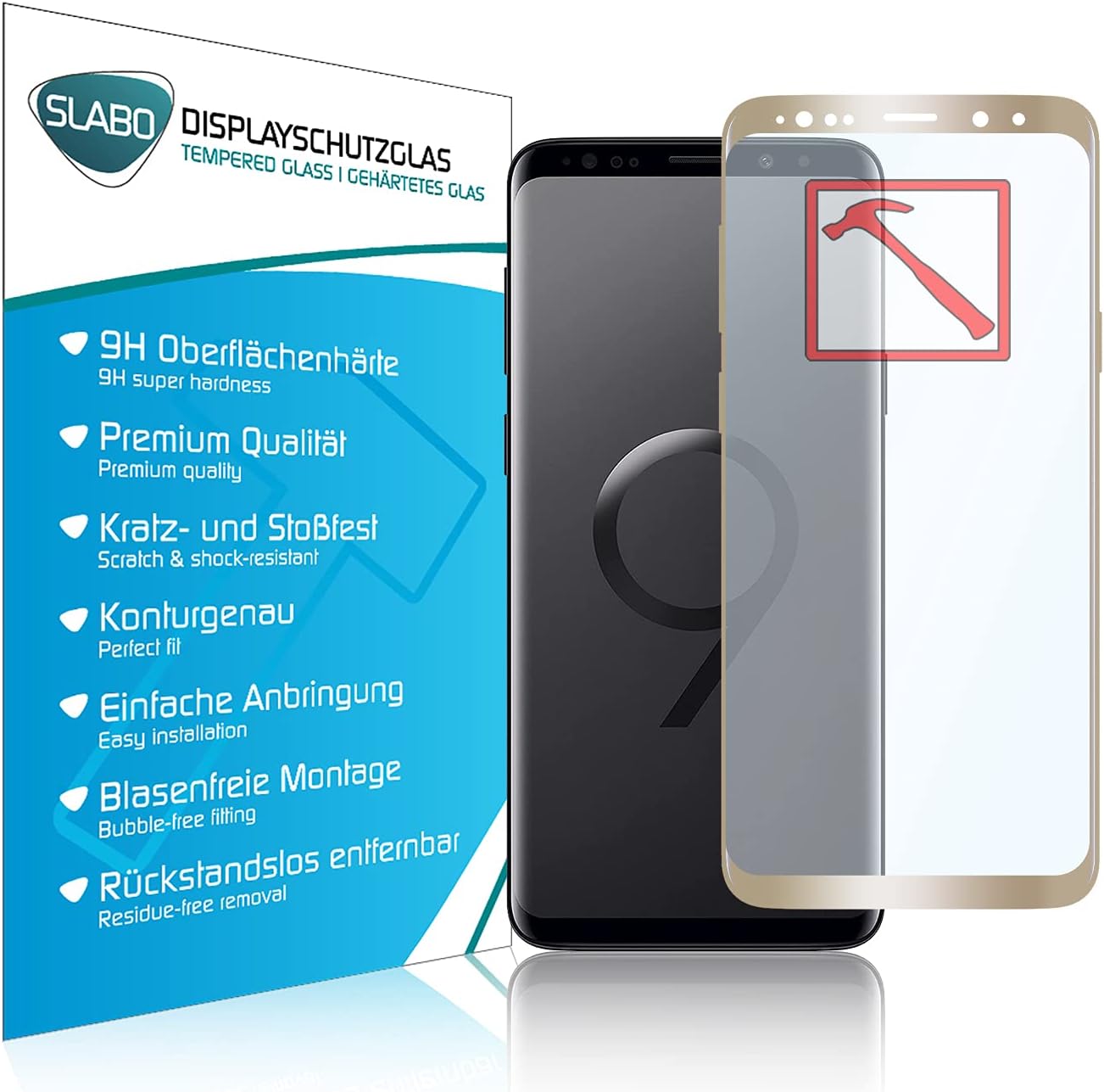 Slabo PREMIUM Tempered Glass screen protector for Samsung Galaxy S9+ FULL COVER real glass screen protector Tempered Glass CLEAR - Hardness 9H - Frame Gold
