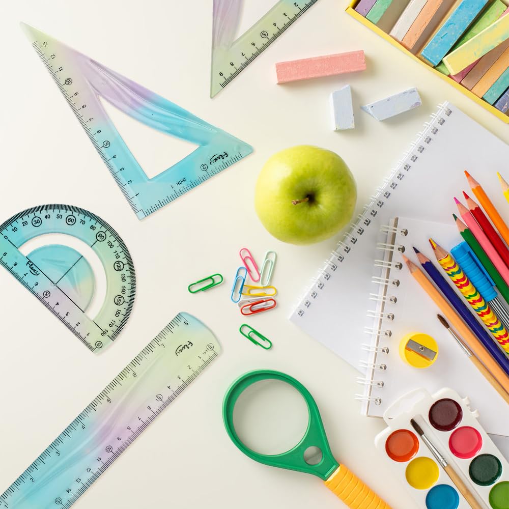 Set De 4 Reglas Flexibles De PVC Transparente – Incluye Regla, Escuadra, Cartabón Y Transportador, Ideal Para Estudiantes Y Diseñadores