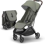 UPPAbaby Minu V3 Travel Stroller - Lightweight + Compact Design - One-Hand Fold + Unfold - from Birth + Overhead Compatible - Evelyn (Meadow Green/Carbon Frame/Chestnut Leather)