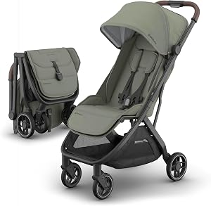 UPPAbaby Minu V3 Travel Stroller - Lightweight + Compact Design - One-Hand Fold + Unfold - from Birth + Overhead Compatible - Evelyn (Meadow Green/Carbon Frame/Chestnut Leather)