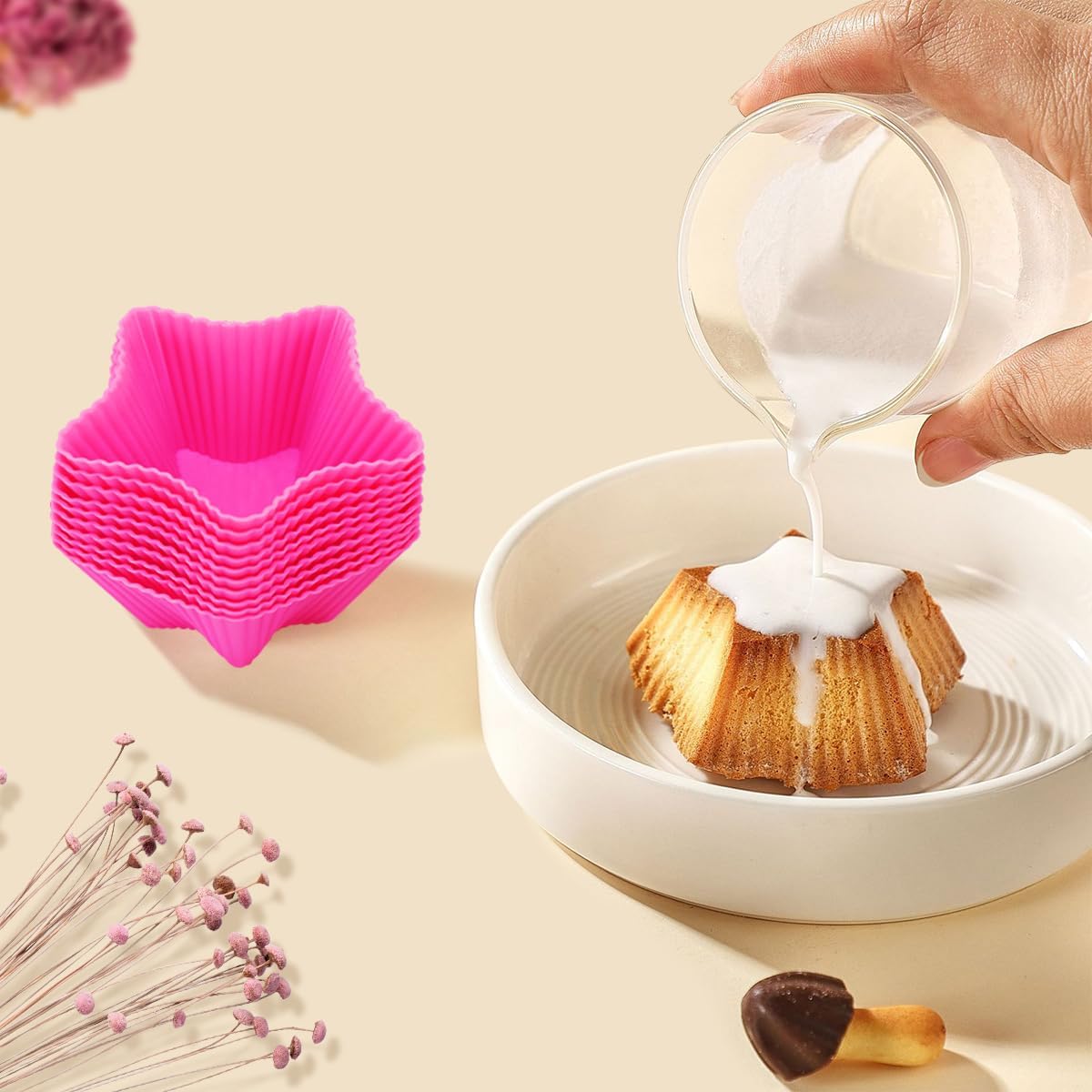 Reusable Silicone Stars Baking Cups 10 Pack, Mini Paper Cupcake Liners, Non-stick Muffin Liners for Party Halloween Christmas (RoseRed)