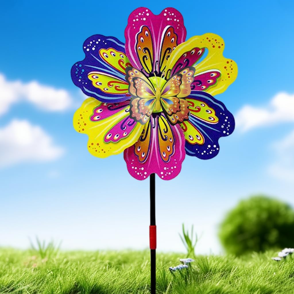 HASTHIP®Garden Ornament Decorative Windmills, 9.24 inch Diameter Cut Out Colorful Windmills 3D Butterfly Charm Assembly Windmills with Rods - Image 6 thumbnail