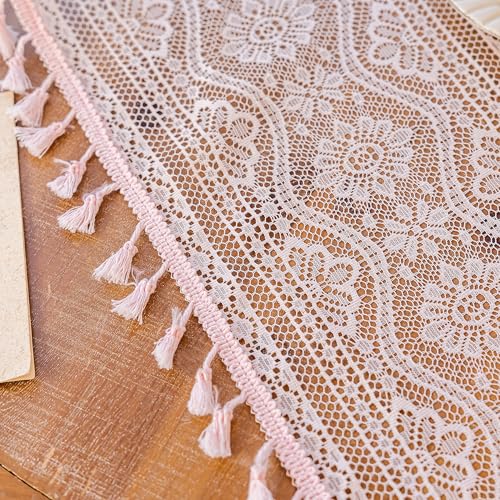 Image of MYSKY HOME Pink Sheer Lace Curtains 2 Panels 84 inch Length for Girls Room Nursery Boho Vintage Floral Crochet Pattern Privacy Rod Pocket Tassels Small Windows Curtains, Wide 55 inch, 2 PCs