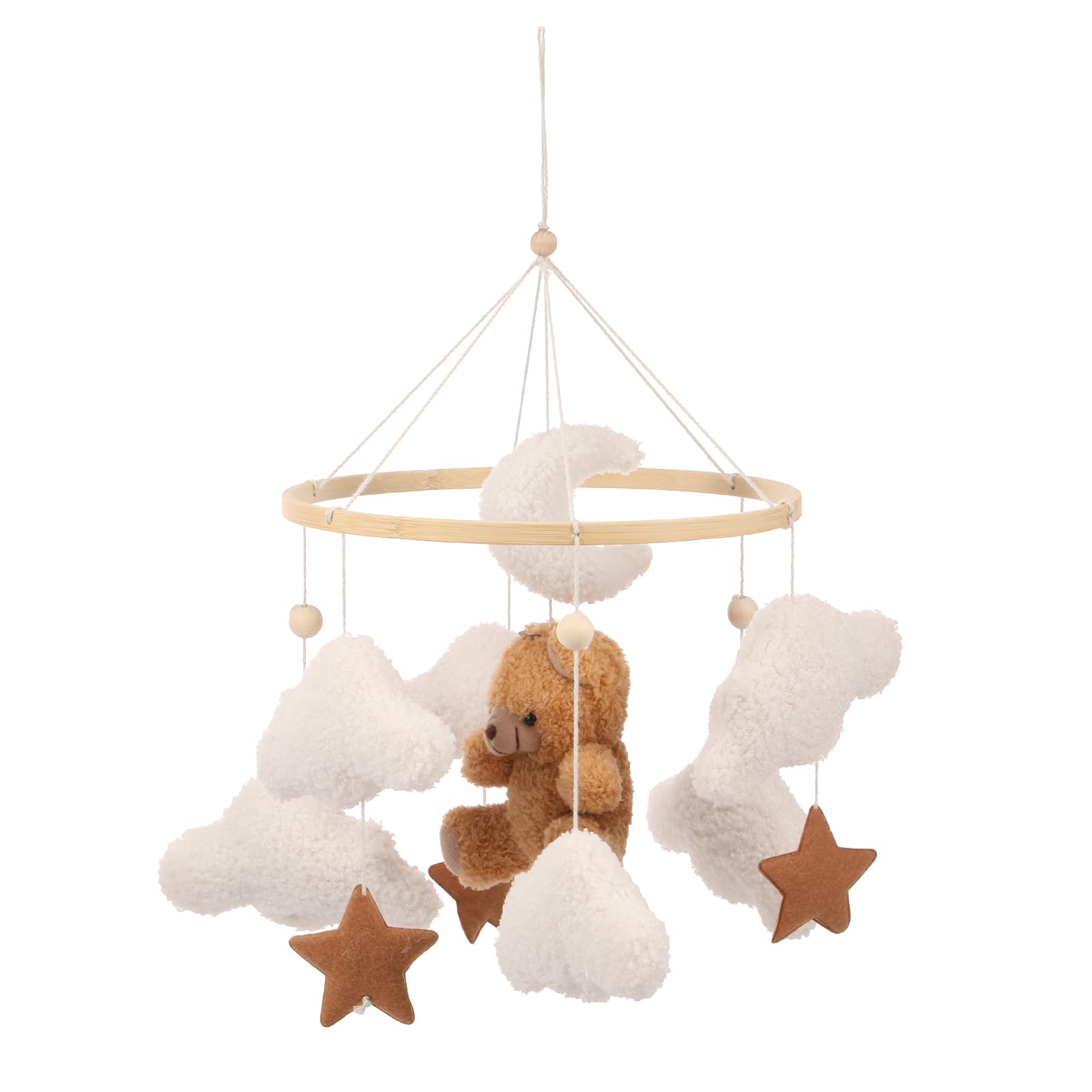Baby Crib Mobile, Plush Bear Baby Bed Mobile Wind Chime with Clouds Moon Stars Felt Ball, Infant Cot Toy, Nursery Hanging Decor Newborn Boys and Girls Gift(Brown)