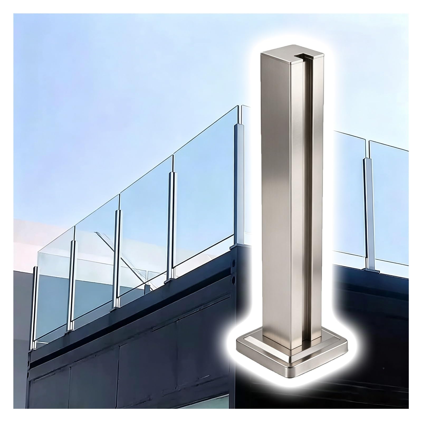 ZJKXJH Stainless Steel Glass Slot Post, Deck Balustrade Post Fits 10–12 mm Glass, Corner Slot Balcony Deck Railing Post for Balcony/Patio Fence(End Post-Silver,H-115cm/45.3in)