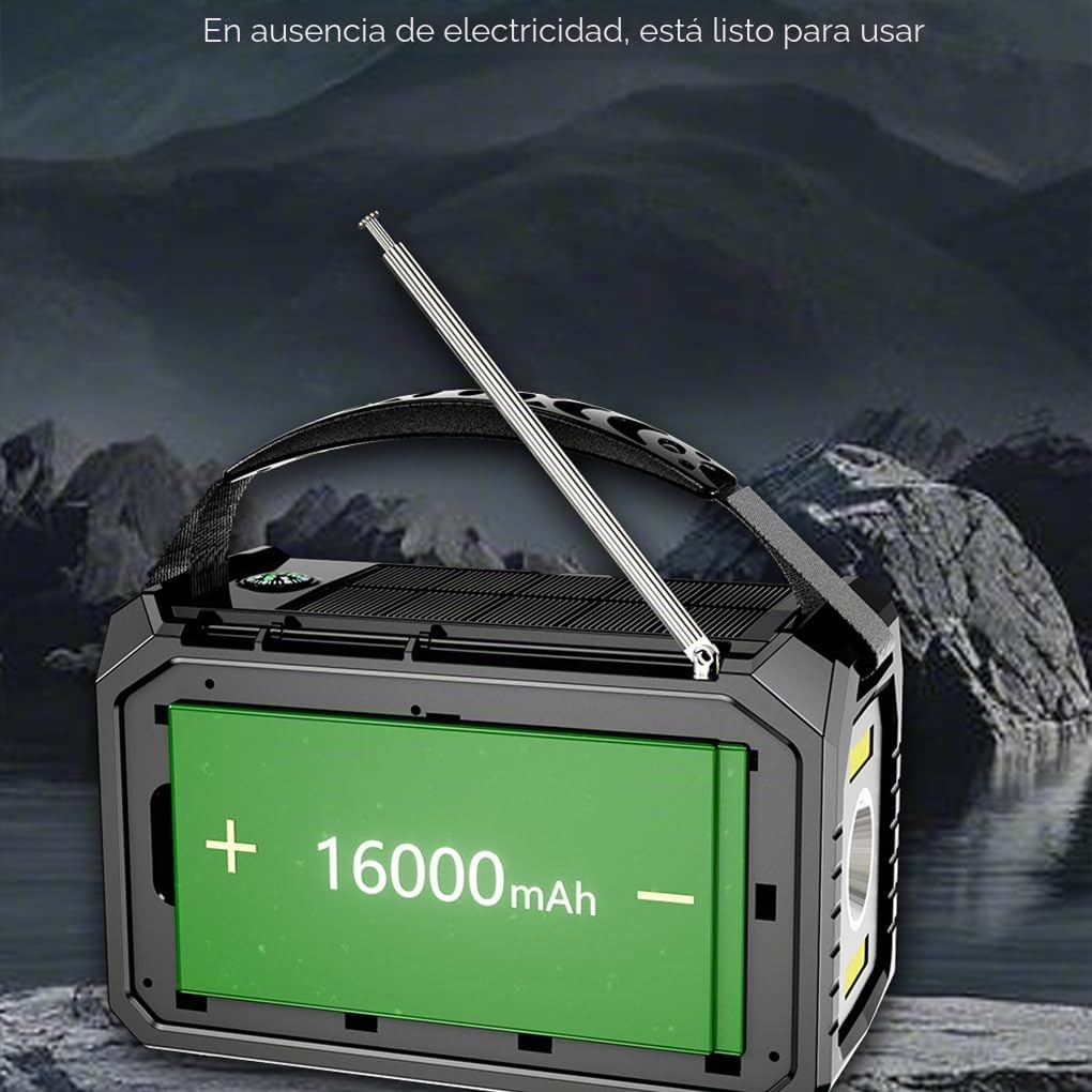 Radio de Emergencia con batería Recargable de 16000 mAh con manivela, Radio Solar portátil de Emergencia NOAA/FM/Am, SOS, Compass, Bluetooth 5.3, Linterna, USB de Teléfono (Gris Oscuro)