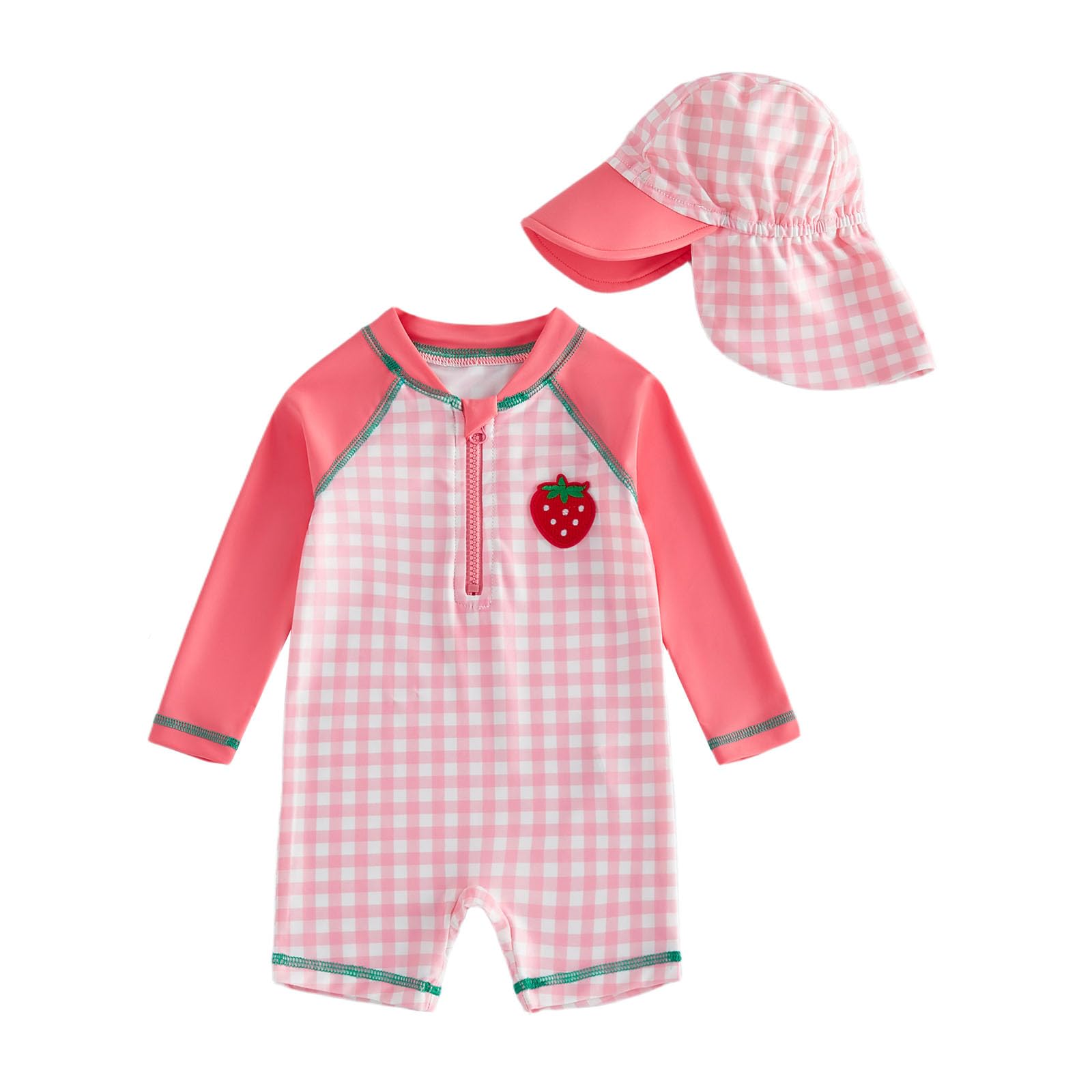 Baby Badeanzug Mädchen UV Schutz Badebekleidung mit Hut Kleinkind Karierte UV Schutz Schwimmanzug Erdbeere Druck Reißverschluss Schwimmkleidung