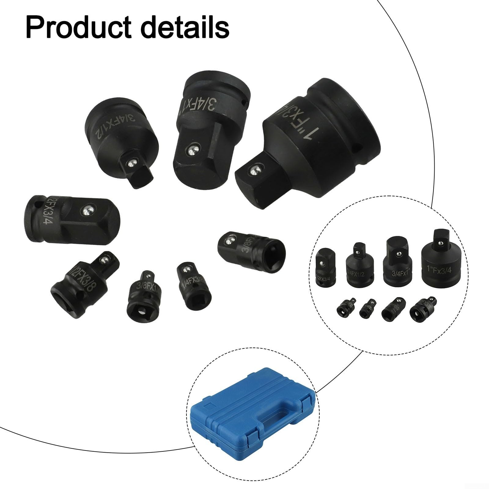 Juego de 8 adaptadores reductores resistentes para taladro eléctrico, llave de carraca, reparación de cochera, color negro