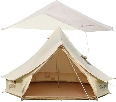 DANCHEL OUTDOOR 4 Season Canvas Yurt Tent with Waterproof Rain Fly Bell Tent Cover for 4 Person Camping, 4m/13ft Khaki