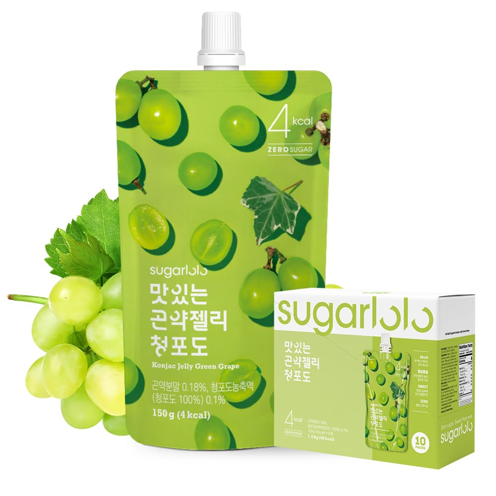 Sugarlolo Konjac Sweet Green Grape Jelly Snack -Vegan Healthy Drinkable Jello, Sugar Free | 4 Calories per Pouch | Low Calorie Korean Fruit Snacks 5.29 Oz (150g)