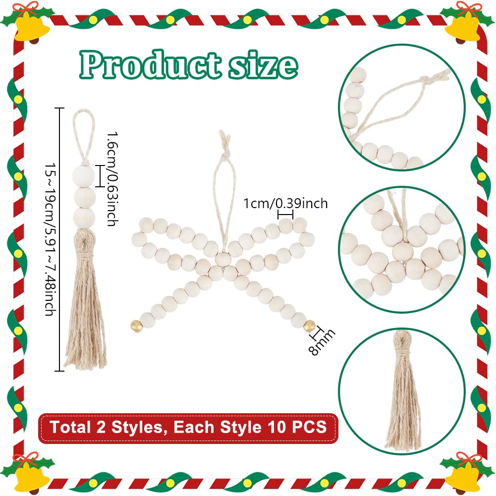 PH PandaHall 20pcs Ornements en Perles De Bois Naturel Décor Rustique De Sapin De Noël Style Ferme Décorations Suspendues pour Arbre De Noël Mur Couronne Guirlande