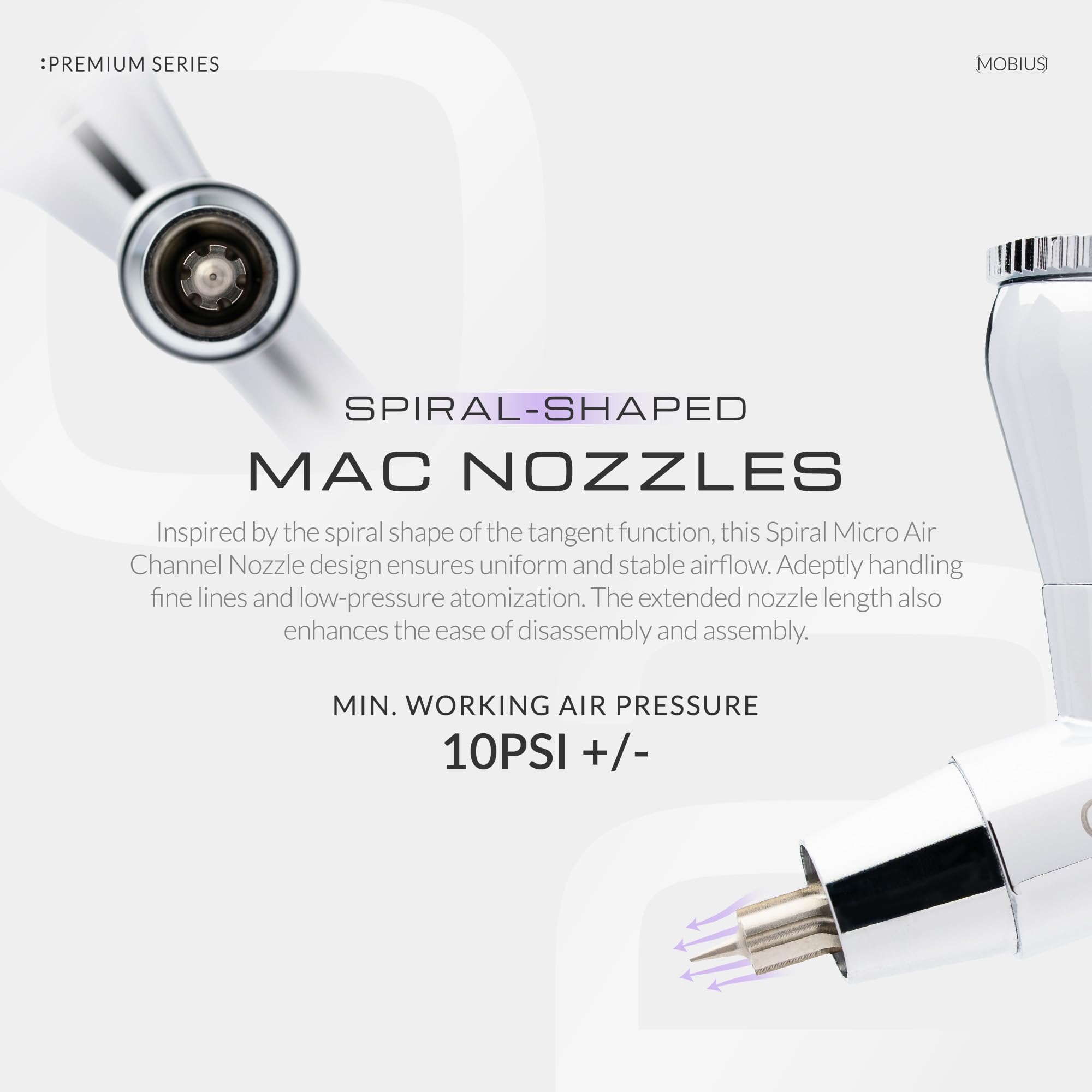 Gaahleri Aërograph Mobius 0,2mm Dysza MAC Cutaway | Dysza spiralna MAC, podgląd cutaway, regulacja napięcia, zbiornik lustrzany, kwadratowy dźwignia