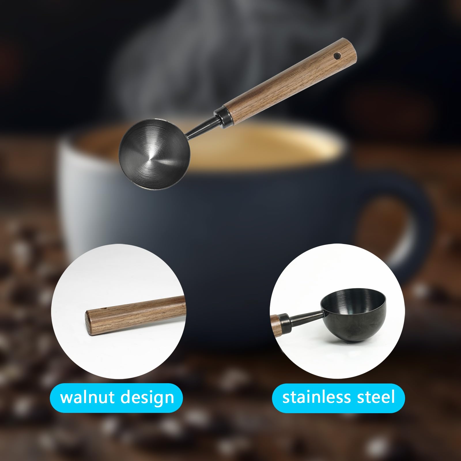 Cuchara de café de acero inoxidable con mango de nogal, cuchara medidora de metal para café molido, espresso, sales de baño, fórmula, cuchara multiusos duradera (negro)