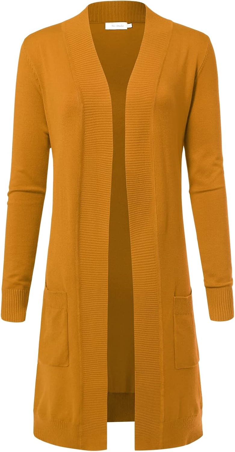 Women's Long Sleeve Open Front Loose Maxi Knitted Long Cardigan Sweater with Pockets Small Mustard